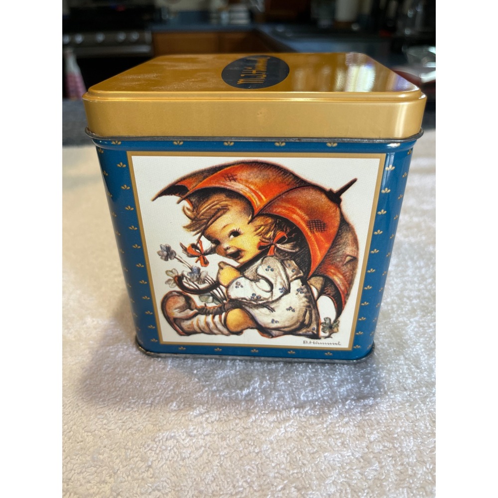 Vintage 1996 M.J. Hummel Goebel Olive Can Company Square Tin Blue Gold Umbrella